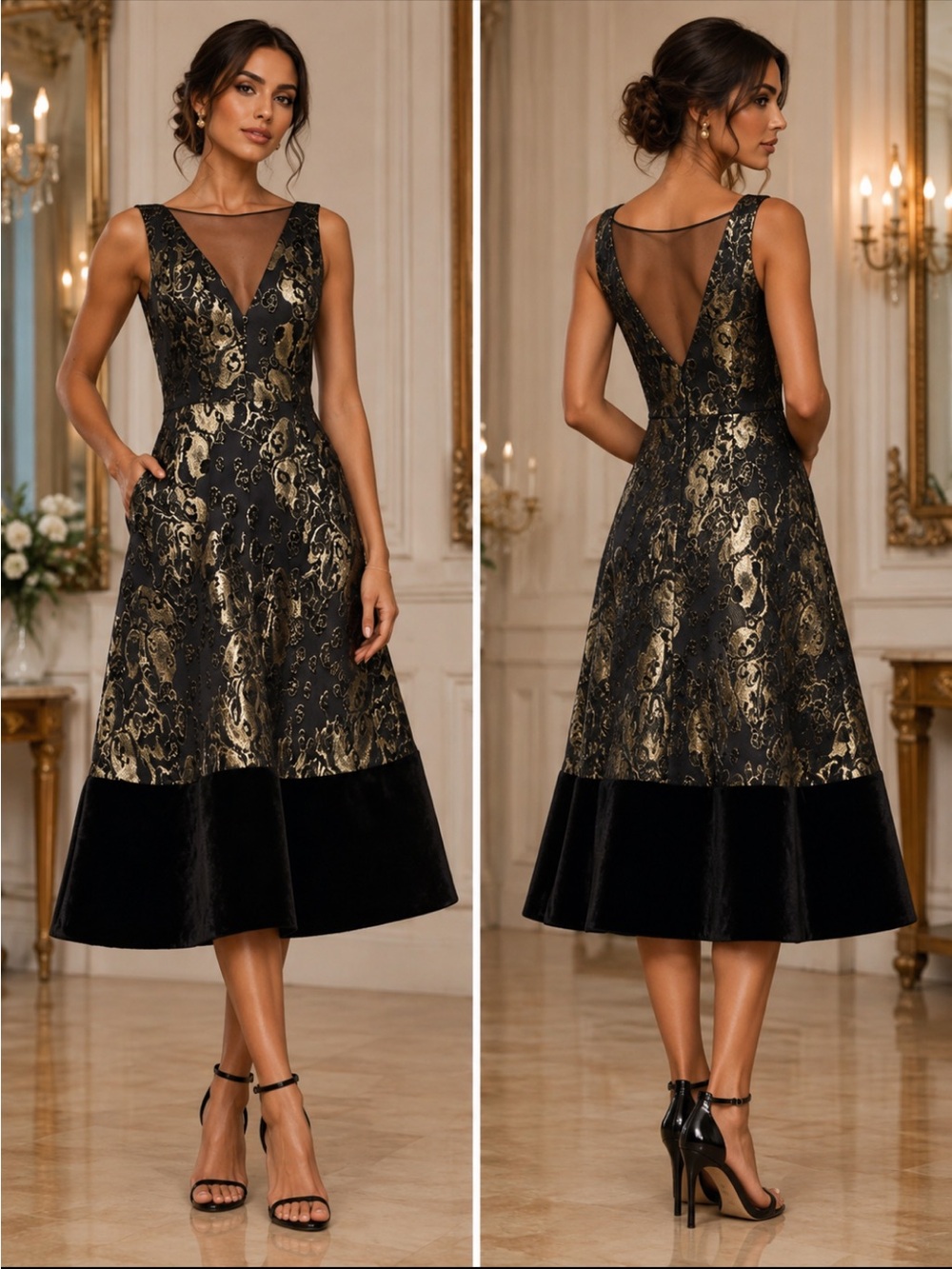 Theia midi V-Neck jacquard sleeveless cocktail dress